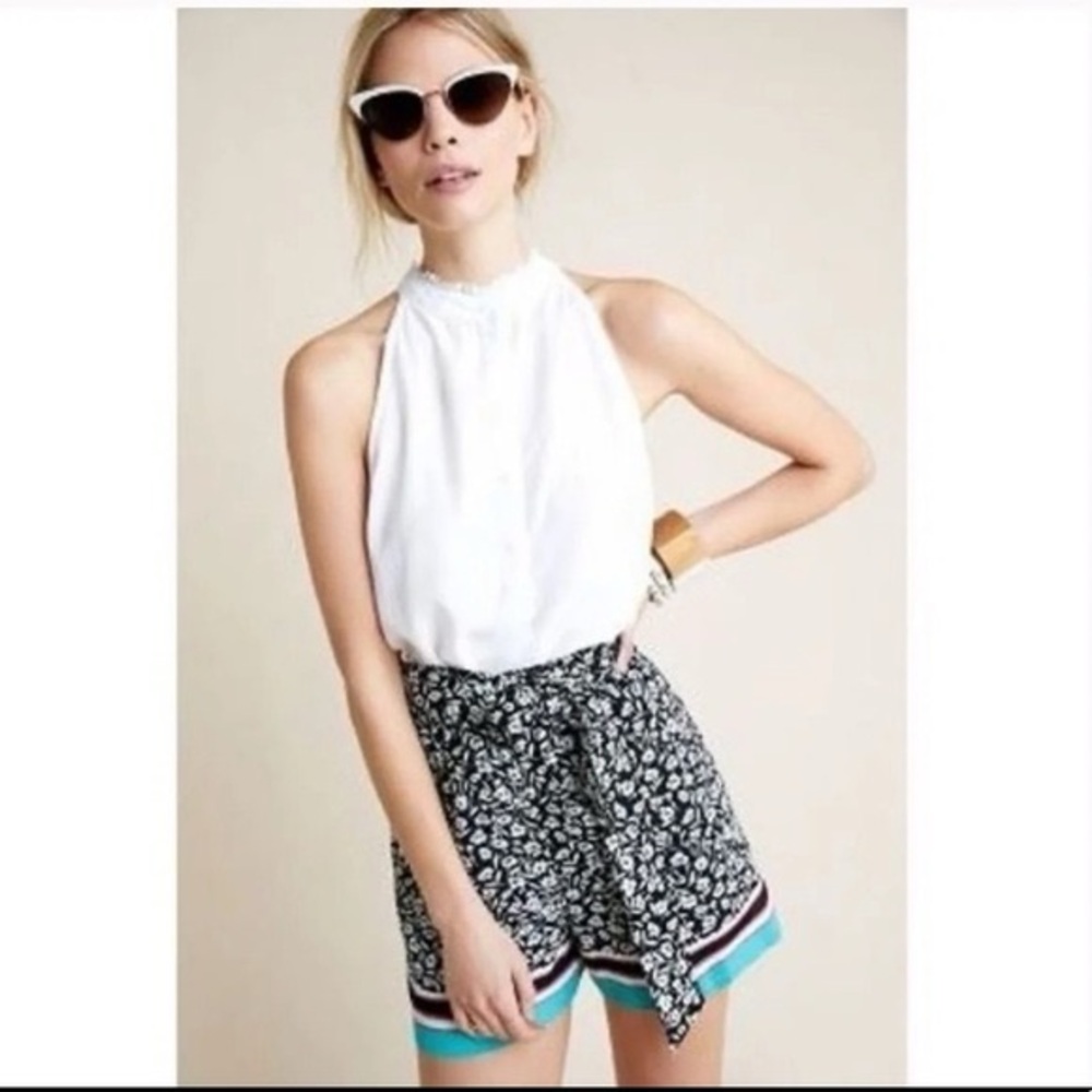 Maeve Anthropologie Black White Floral Scarf Printed Shorts Attached Belt Sz XS